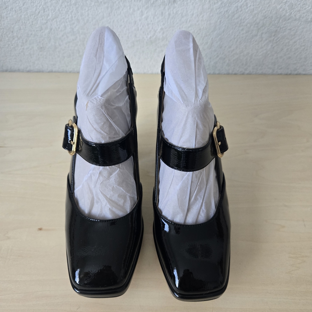 Sam Edelman Black Patent Mary Jane Slingback Heels with Gold Buckle Accent - Picture 3 of 5